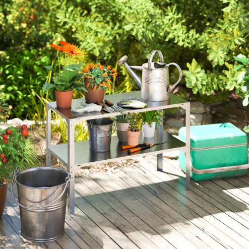 Outsunny 2 Tier Potting Bench Table, Galvanised Steel Garden Planting Work Bench Workstation with Storage Shelf for Outdoor, Patio, Greenhouse, 110 x 50 x 75 cm, Silver Tone