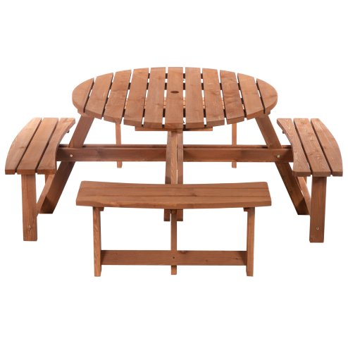 Outsunny 8 Seater Wooden Picnic Table and Garden Benches Set, Round Garden Dining Set with 4 Benches and Umbrella Hole Outdoor Garden Park, Brownish Red