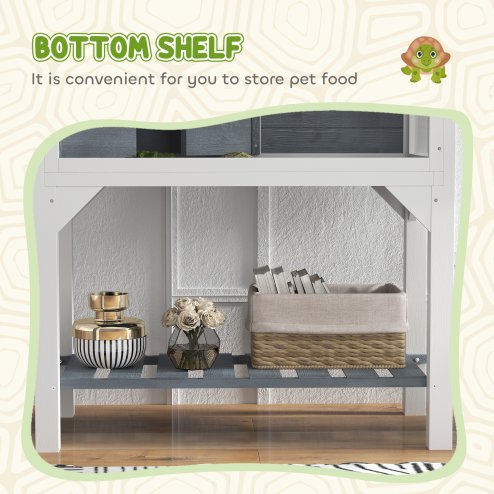 PawHut Wooden Tortoise House with Storage Shelf, Tortoise Enclosure Habitat with Clear Windows, Lamp Holder, Openable Top, Built-in Tray, for Indoor Use, Grey