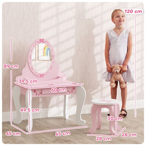 AIYAPLAY Kids Dressing Table Set, Two-Piece Kids Vanity Table with Stool, Mirror, Drawer, Desktop Storage, Ballet Theme, Girls Makeup Desk, Chair, Pink