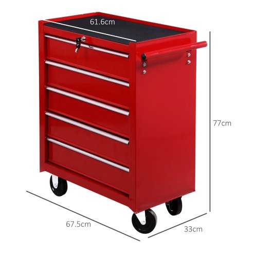 HOMCOM 5 Drawer Tool Box, Lockable Steel Tool Chest on Wheels, Rolling Chest Cabinet with 5 Drawers and Handle for Workshop, Garage, Red