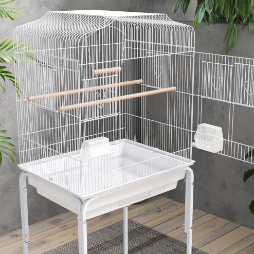 PawHut Bird Cage Budgie Cages for Finch Canary Parakeet with Stand Wheels Slide-out Tray Accessories Storage Shelf, White 46.5 x 36 x 124 cm