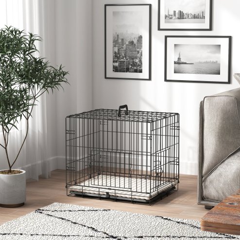 PawHut Dog Crate, Folding Metal Dog Cage with Two Doors, Tray, Soft Cushion, for Extra Small Dogs, 60 x 40 x 50 cm, Black