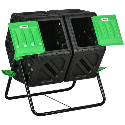 Outsunny Dual Chamber Garden Compost Bin, 130L Rotating Composter, Compost Maker with Ventilation Openings and Steel Legs, Green and Black