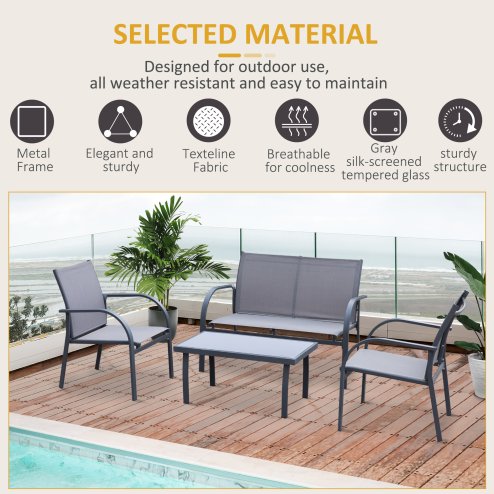 Outsunny 4 Pcs Curved Steel Outdoor Furniture Set w/ Loveseat, 2 Texteline Seats, Glass Top Table Garden Balcony Patio Furniture For Family Party Events Guests -Grey