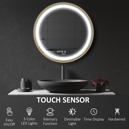 kleankin Round Bathroom LED Mirror, Dimmable Lighted Wall-Mounted Mirror with 3 Temperature Colours, Time Display, Memory Function, Hardwired, Gold