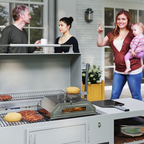 Outsunny 8 in Portable Stainless Steel BBQ Grill Top Pizza Oven with Built-in Thermometer and Viewing Window for Gas and Charcoal BBQ Grills, Includes Carry Handles, Pizza Stone and Peel, Silver Tone