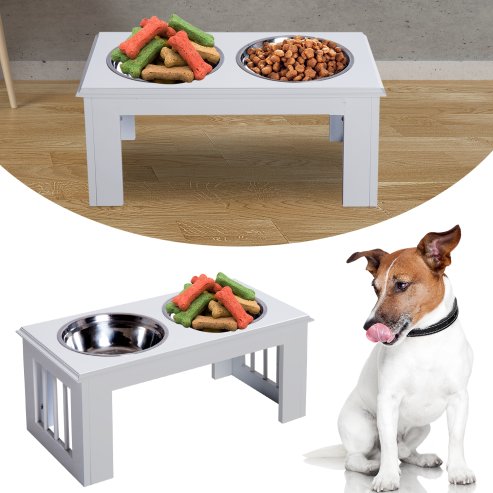 PawHut Raised Dog Bowl Feeding Bowls with Stand for Medium Dogs Elevated Pet Bowls Water Food Feeder 58L x 31W x 25H cm - White