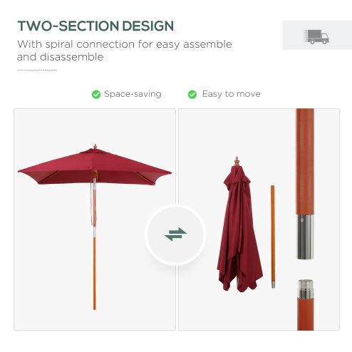 Outsunny 2m x 1.5m Garden Parasol Umbrella with Tilting Sunshade Canopy, Outdoor Market Table Umbrella with Wood and Bamboo Frame, Wine Red