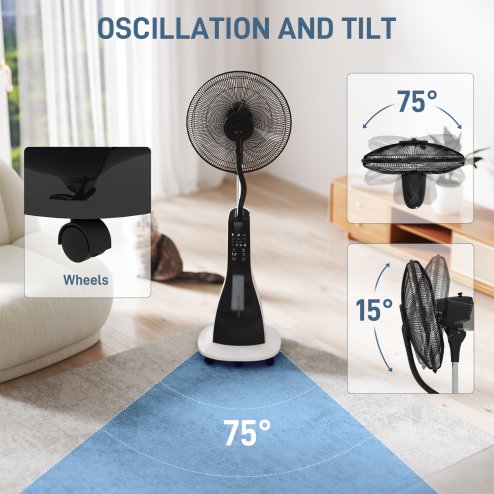 HOMCOM Pedestal Fan with Water Mist Spray, Spray Misting Fan with 75° Oscillation, Remote Control, Tilt Head, 3 Speeds, 3 Modes, 3 Mist, 3L Water Tank, Wheels, for Home, 125 cm