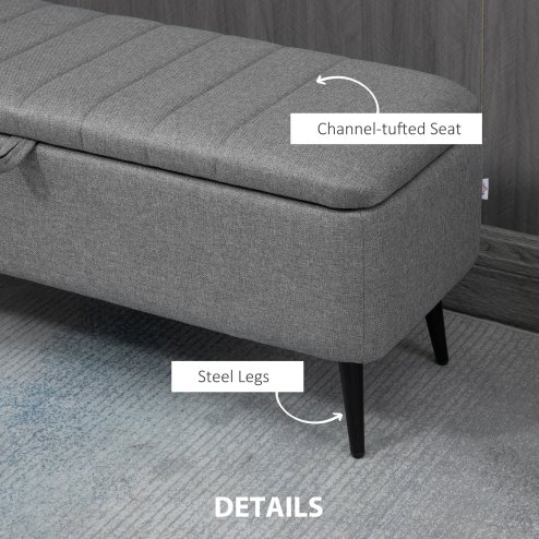 HOMCOM Storage Ottoman with Flip Top, Rectangular Upholstered Bench, Linen Feel Fabric Footstool with Steel Legs for Living Room, Bedroom