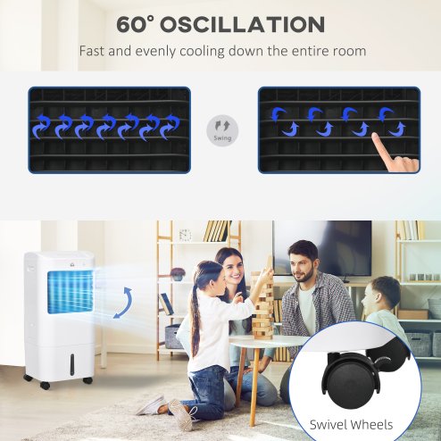 HOMCOM Portable Air Cooler with 15 Litre Water Tank, Oscillation, LED Display, Remote Control, 7.5 Hour Timer, Evaporative Air Cooler Fan with 3 Speeds, 3 Modes, Ice Packs, for Home Office