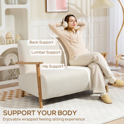 HOMCOM 2 Seater Sofa, Small Sherpa Fabric Couch Settee, Nordic Upholstered Loveseat with Wood Legs and Armrests, Thick Seat for Living Room, Bedroom, Office, Cream White