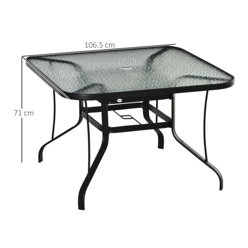 Outsunny 106.5cm Square Garden Table with Tempered Glass Top, Outdoor Patio Dining Table with Parasol Hole, Steel Frame for Garden, Lawn, Patio, Black