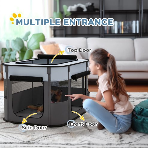 PawHut Dog Pen, Pet Playpen, Portable Foldable Dog Cat Playpen Soft Pet Cage with Storage Bag for Puppies, Rabbits, Kittens, Guinea Pigs, 84 x 64 x 53cm - Grey