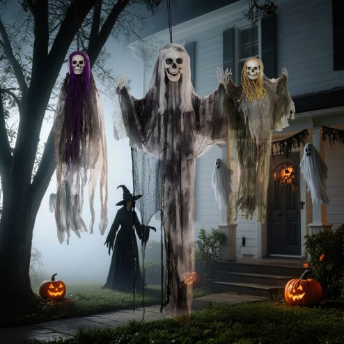 HOMCOM Life Size Hanging Skeleton Halloween Decorations, Set of 3 Scary Flying Ghost with Adjustable Arms for Haunted House, Garden, Party, 90/110/170cm