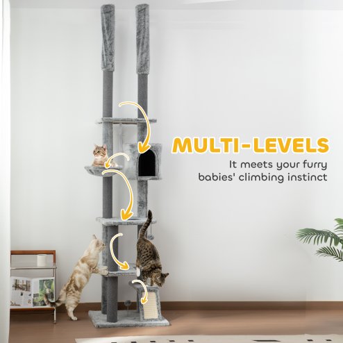 PawHut Floor to Ceiling Cat Tree, 225-255cm Height Adjustable Large Cat Tower 6 Levels Activity Centre for Indoor Cats with Cat Scratching Posts Ramp, Condo Hammock, Play Balls - Grey