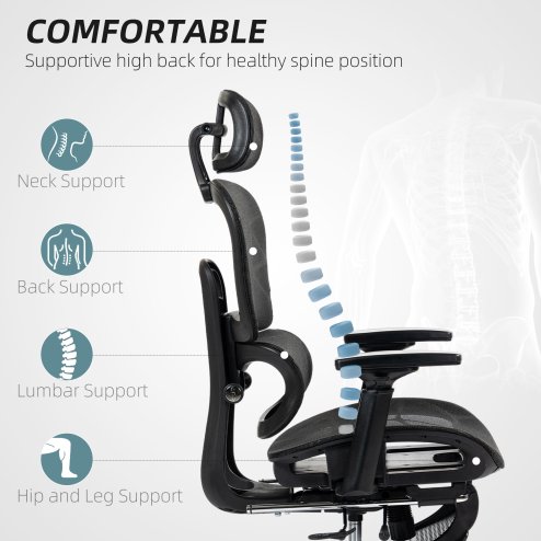 HOMCOM Ergonomic Office Chair, Mesh High Back Computer Desk Chair with 3 Level Adjustable Back, Adjustable Lumbar Support, Swivel Recliner with 3D Armrest, Headrest, Footrest, Black