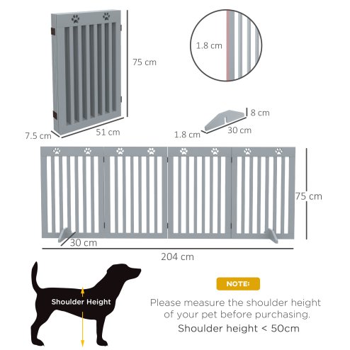 PawHut Freestanding Pet Gate 4 Panel Dog Barrier Folding Safety Fence with Support Feet up to 204cm Long 75cm Tall for Doorway Stairs, Grey
