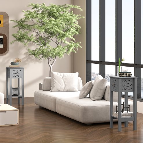 HOMCOM Side Table Set of 2, Bedside Table Set with Drawer and Storage Shelf, End Table Set with Elegant Flower-Shaped Design for Living Room Bedroom, Grey