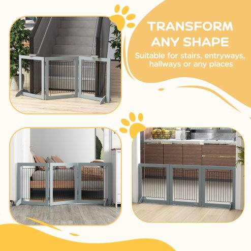 PawHut Freestanding Dog Cate, Foldable Wooden Pet Gate with  - 61cm Tall, for Stairways, Doorways, Hallways, Small Dogs - Grey