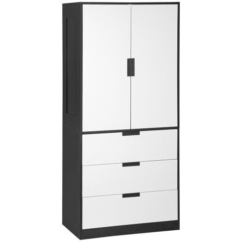 HOMCOM 3 Drawer 2 Door Wardrobe, Modern Clothes Storage Cupboard Unit with Hanging Rod, Bedroom Wardrobe with Soft Closing Hinge, 50D x 80W x 180Hcm, Black