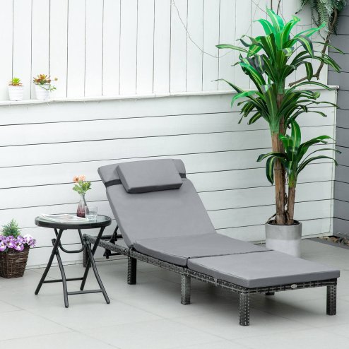 Outsunny Rattan Sun Lounger, 5-Level Adjustable Garden Lounger Recliner with Cushion and Headrest, Outdoor Reclining Sunbed, Steel Frame Garden Chair for Patio, Beach, Terrace, Dark Grey