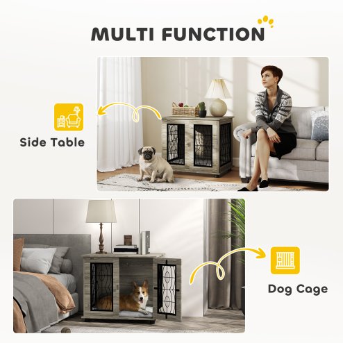 PawHut Dog Crate Furniture, Dog Cage with Soft Washable Cushion, Furniture-Style Pet Kennel Indoor House End Side Table for Small Medium Breeds, 80 x 56 x 63 cm, Grey