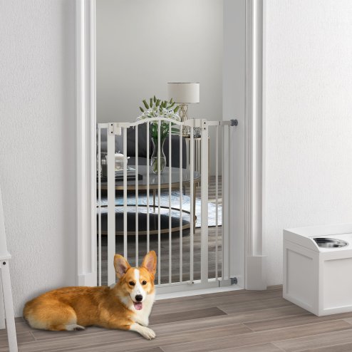 PawHut Pressure Fit Dog Stair Gate No Drilling Safety Gate Auto Close for Doorways, Hallways, 74-87cm Adjustable, 94cm Tall, White