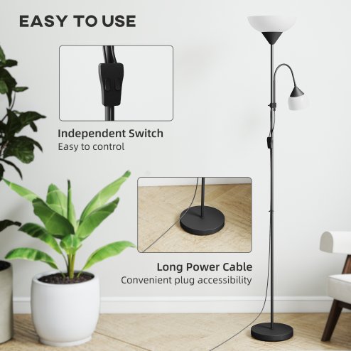 HOMCOM LED Floor Lamp for Living Room, 180cm Tall Standing Lamp, Mother and Child Uplighter with Adjustable Gooseneck, Black