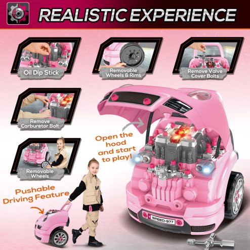 HOMCOM Kids Truck Engine Toy Set Toddler Educational Car Service Station w/ RC Car Key Steering Wheel Horn Light, Mechanic Gifts for Ages 3-5 Years - Pink