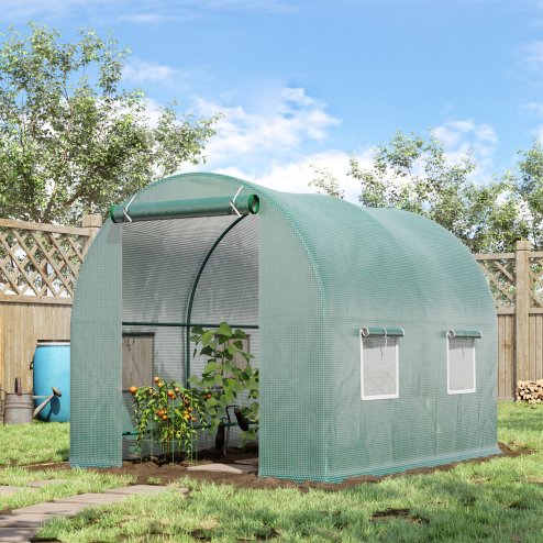 Outsunny Reinforced Walk In Polytunnel Greenhouse with Roll Up Door, Galvanised Steel Frame and Zipped Door Windows (2 x 2.5m), Green