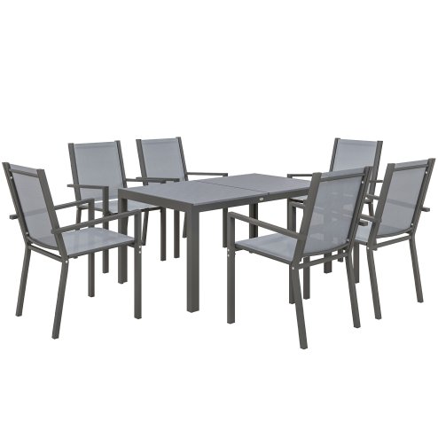 Outsunny 6 Seater Garden Dining Set with Stackable Armchairs, WPC Top Dining Table, Outdoor Table and Chairs, Garden Furniture Set, Light Grey