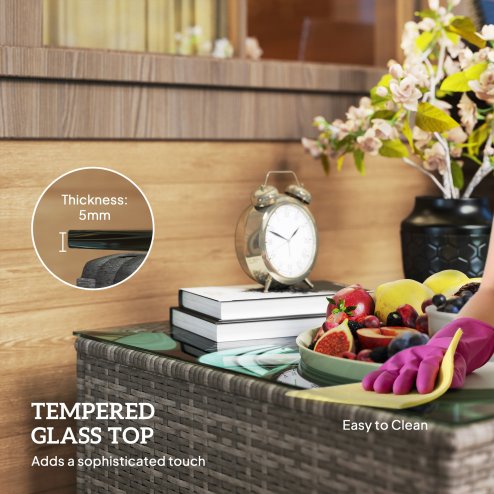 Outsunny Outdoor Coffee Table, PE Rattan Side Table with Tempered Glass Top, Wicker Square Garden Coffee Table End Table with Steel Frame for Patio, Balcony, 60 x 62 x 38cm, Dark Grey