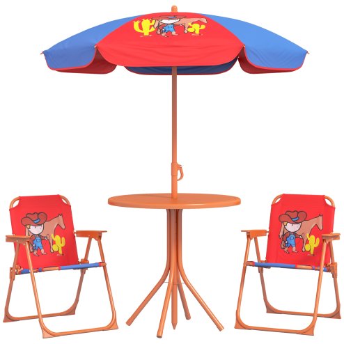 Outsunny Kids Bistro Set Children Table and Chair Set Garden Furniture Cowboy Themed 4 Pieces w/ Adjustable Parasol, Foldable Chairs for 2-5 Years - Blue and Red