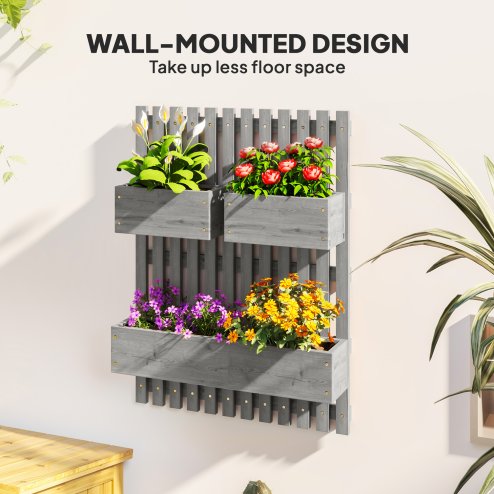 Outsunny Wall-mounted Wooden Garden Planters with Trellis, Drainage Holes and 3 Movable Planter Boxes, Wall Raised Garden Bed for Patio, Grey