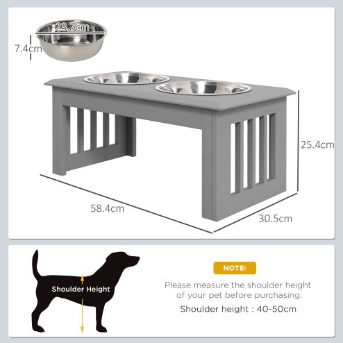 PawHut Raised Dog Bowl Feeding Bowls with Stand for Medium Dogs Elevated Pet Bowls Water Food Feeder 58L x 31W x 25H cm - Grey