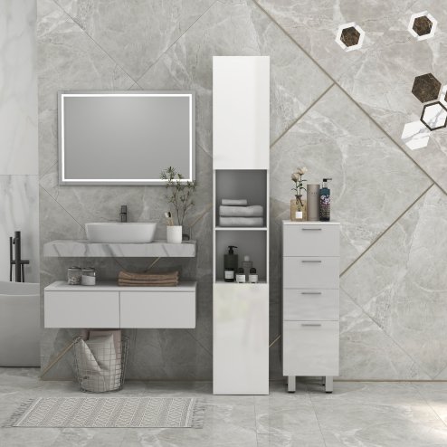 kleankin High Gloss Slim Bathroom Cabinet, Free Standing Bathroom Storage Cabinet with 2 Open Shelves, 2 Door Cupboards and Adjustable Shelves, White