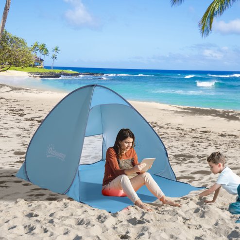 Outsunny Pop up Beach Tent, UV 30+ Portable Sun Shelter with Carry Bag, 2x1.5m for 2-3 Person, Blue