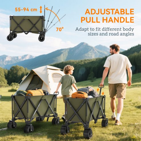 Outsunny Folding Garden Trolley, Cargo Traile on Wheels, Collapsible Camping Trolley, Outdoor Utility Wagon with Steel Frame and Oxford Fabric, Green