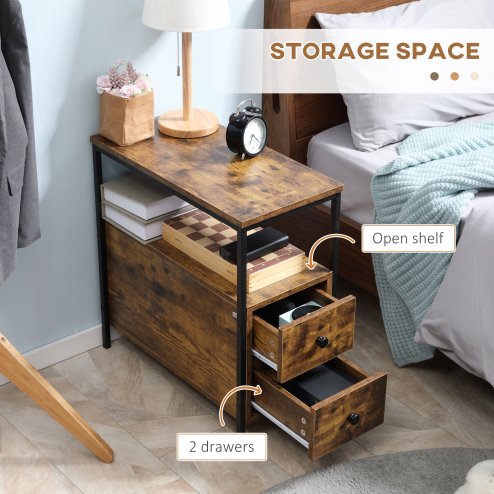 HOMCOM Side Table, Narrow Bedside Table with 2 Drawers and Storage Shelf, Industrial End Table with Metal Frame for Small Spaces