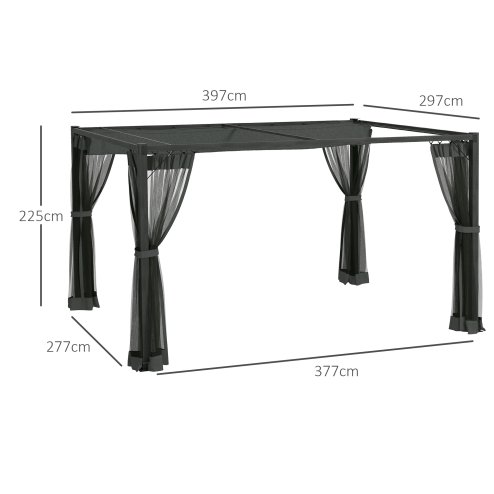 Outsunny 3 x 4 m Pergola with Retractable Roof Canopy and Netting Sidewalls, Aluminium Frame Garden Gazebo Outdoor Sun Shade Shelter for Grill, Patio, Deck, Dark Grey