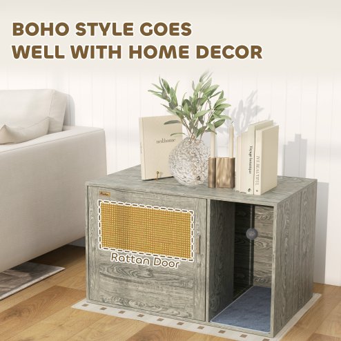 PawHut Cat Litter Box Enclosure with Rattan Door, Boho Style Hiddern Litter Box Furniture, Cat House End Side Table with Scratching Mat, Toy Ball, Non-slip Foot Pads, 80 x 50 x 50cm, Grey