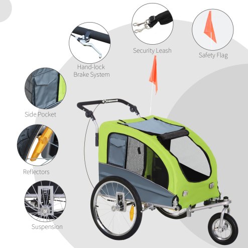 PawHut Dog Bike Trailer Pet Stroller Cart Carrier for Bicycle 360 Rotatable with Reflectors 3 Wheels Hitch Coupler Push/ Pull/ Brake Water Resistant Green