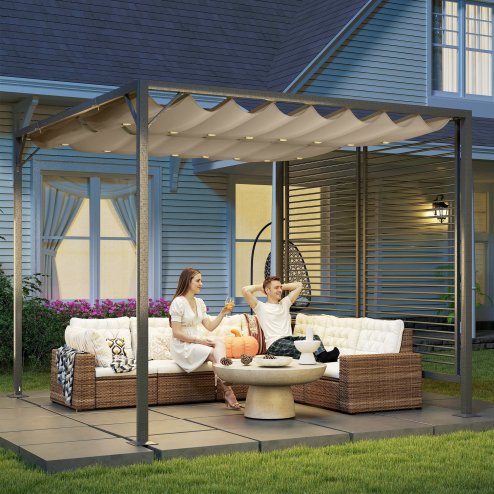 Outsunny 2.8 x 3(m) Metal Outdoor Pergola with Retractable Roof, Outdoor Gazebo Canopy Shelter with Grommet Holes for Garden, Patio, Lawn, Beige