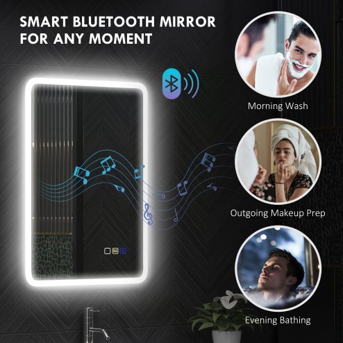 HOMCOM  Backlit Illuminated Bathroom Mirror with LED Lights and Bluetooth, Wall Mounted Vanity Mirror with 3 Colours Dimmable, Anti-Fog, Memory Function, Touch Switch, IP44