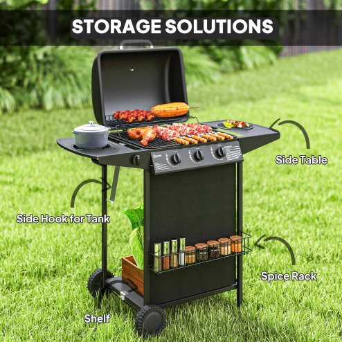 Outsunny 3+1 Burner Gas BBQ Grill with Built-in Thermometer, Lid, Portable Gas Barbecue Grill with Side Table, Shelf, Spice Rack, Wheels, Grease Cup for Garden Party Outdoor Cooking, Black