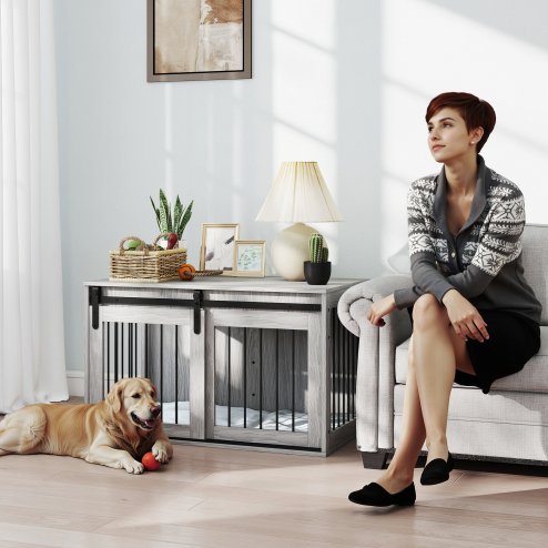 PawHut Dog Crate Furniture, Dog House Furniture Style for Large Breeds, Pet Kennel with Removable Cushion for Indoor Use, 98 x 58 x 61cm, Grey