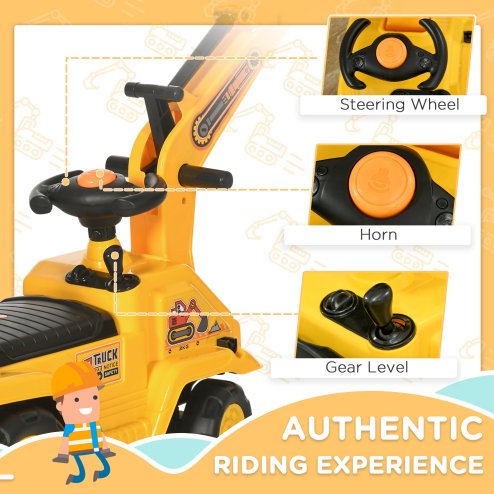 HOMCOM Ride On Tractor, 2 in 1 Kids Ride On Digger Pull Cart with Bucket, Under Seat Storage, Horn, High Backrest, Ride On Toy for 1.5-4 Years, Yellow