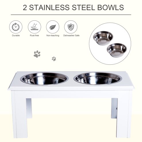 PawHut Raised Dog Bowl Feeding Bowls with Stand for Medium Dogs Elevated Pet Bowls Water Food Feeder 58L x 31W x 25H cm - White